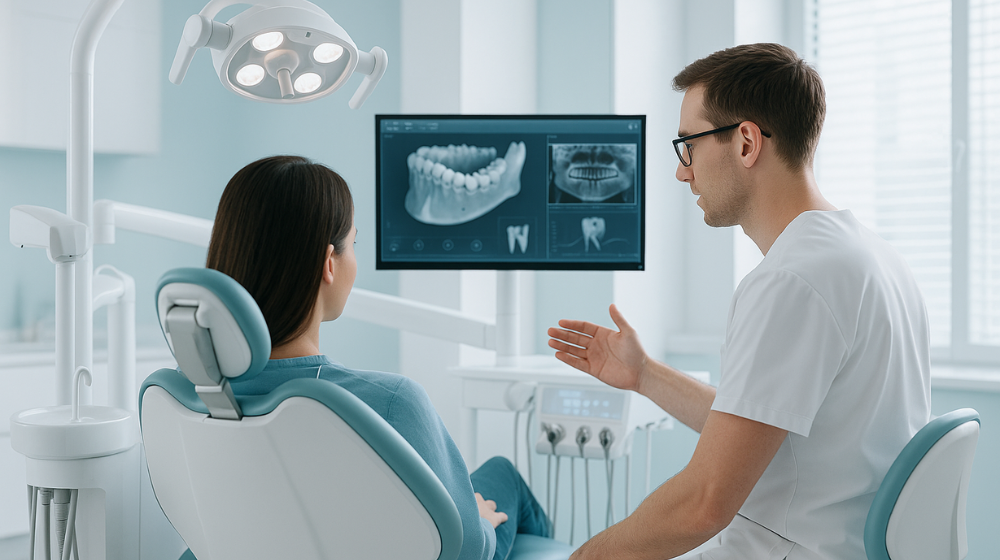 Dentist Showing Patient AI Diagnostics on Computer