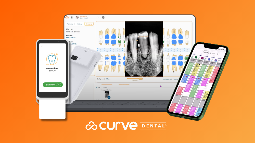 Curve Dental Products: (left) Curve Pay, (middle) Charting Software, (right) Curve Mobile