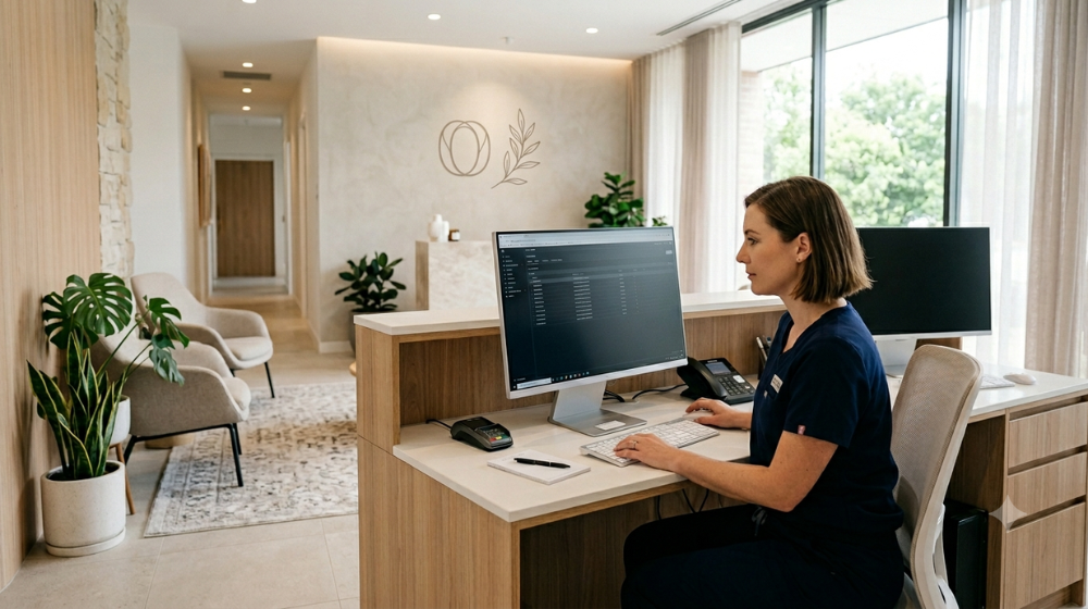 Dental front desk staff member reviewing billing information at a modern practice workstation.