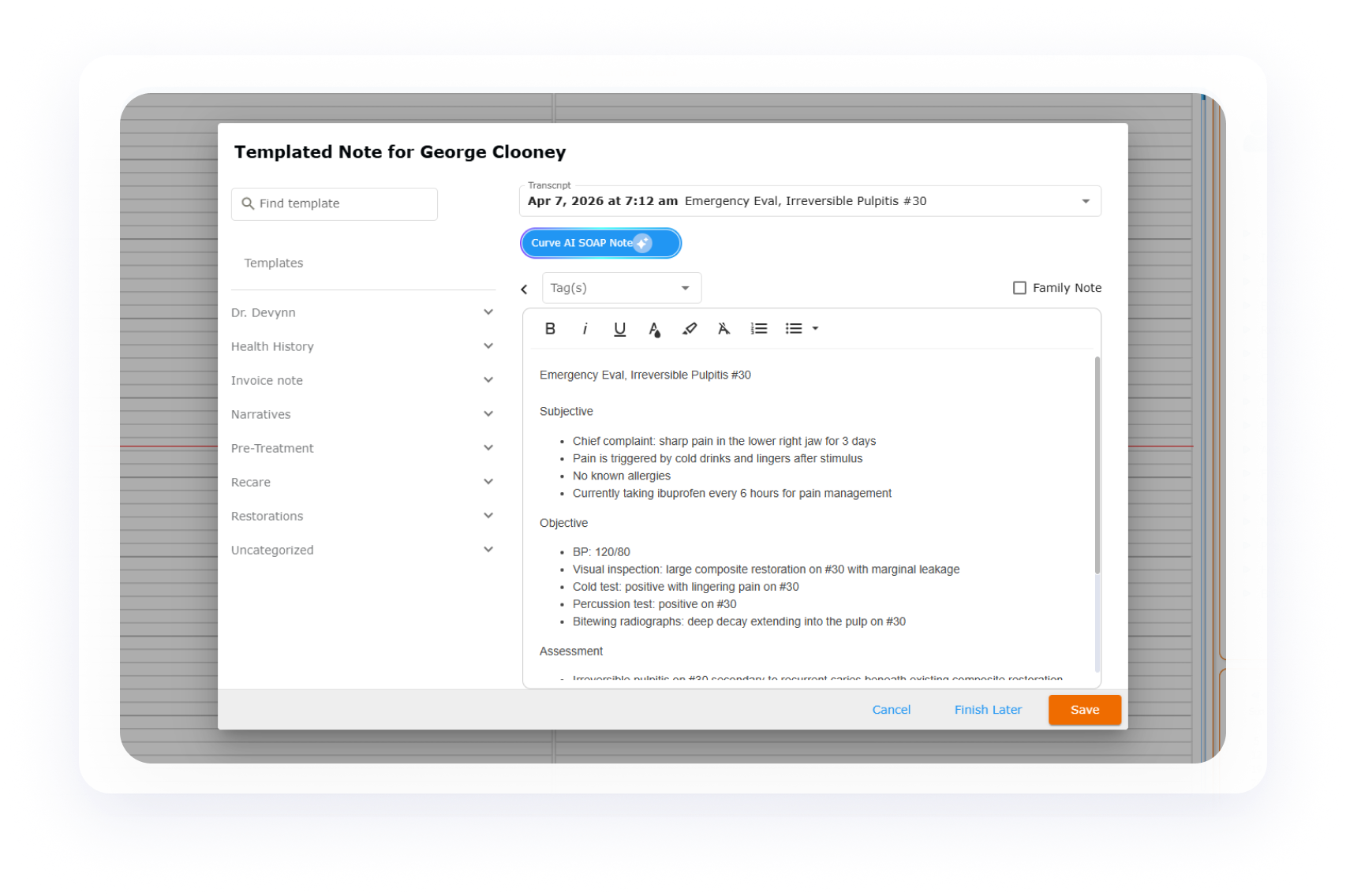The Curve FLO Care Notes+ interface auto-generating a structured SOAP note in real time from a chairside clinical conversation using ambient AI