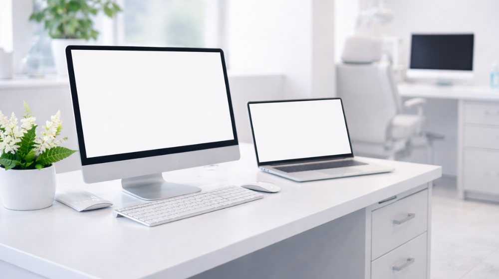 Bright, modern dental office with two computer workstations and blank monitors on a clean desk.