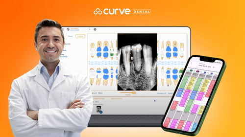 Smiling Dentist next to Streamlined Dental Software on Mobile and Laptop Screens