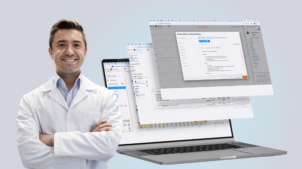 Smiling Dentist (left) Curve Dental new Ambient listening on desktop showing features (right)