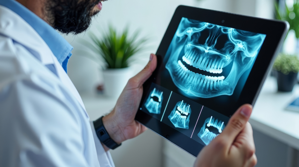 Dentist reviewing digital dental X-rays on a tablet as part of modern cloud-based practice management software.
