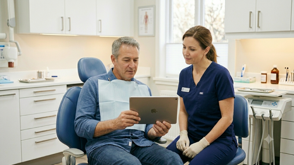 Dentist reviewing a treatment plan with a patient chairside in a modern dental operatory
