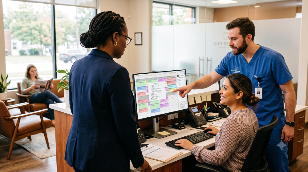 Dental office manager reviewing workflows on monitor with assistant and receptionist at front desk