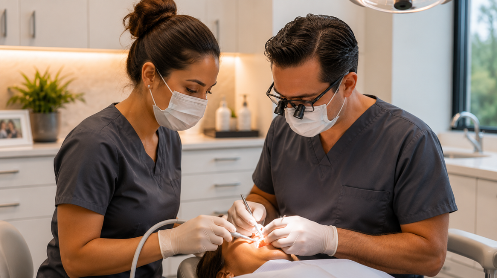 Dental assistant and dentist collaborating chairside in a modern dental operatory