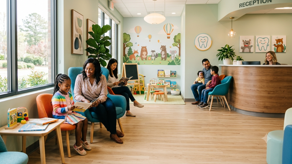 Parents and children waiting in a bright, welcoming pediatric dental office waiting room. 