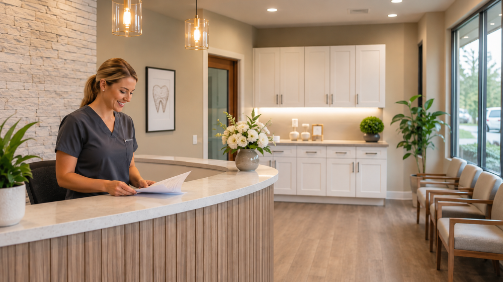 Dental practice front office with organized reception desk