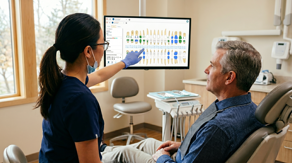 Dental hygienist reviewing a digital Curve Dental chart on a monitor with a patient in a modern operatory