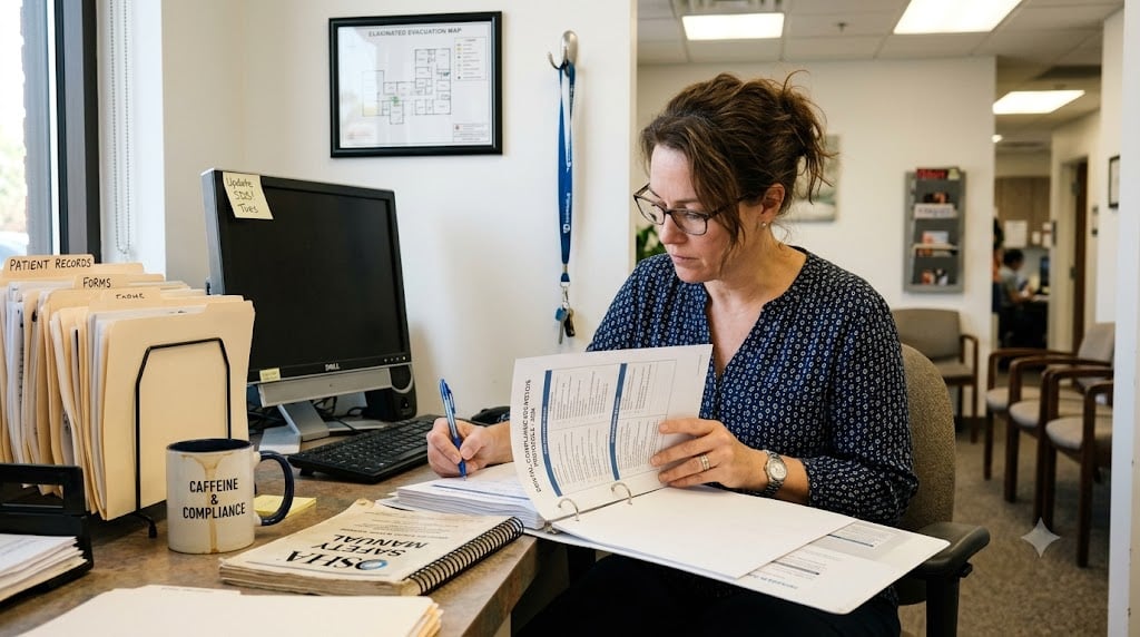 Office manager reviewing a compliance binder at a dental front desk, writing notes by hand next to an OSHA manual.