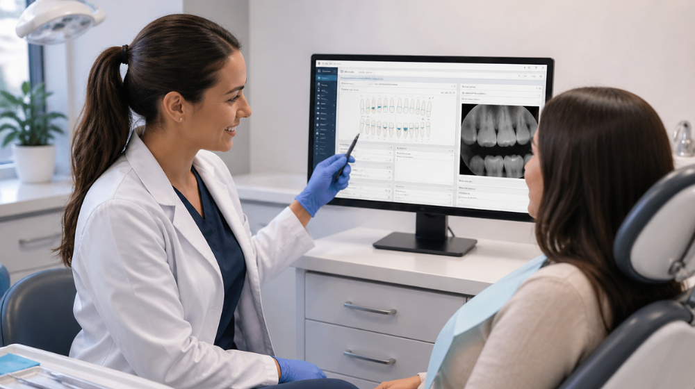 dentist and patient in dental clinic, dentist showing patient charting data using Curve Dental software