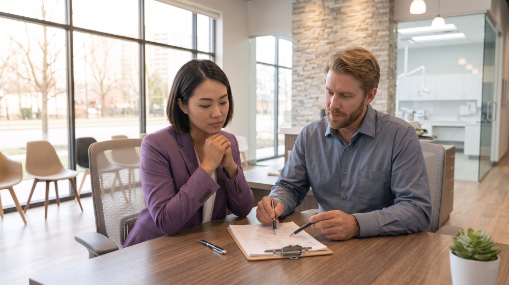 Two dentists reviewing dental growth plan on clipboard