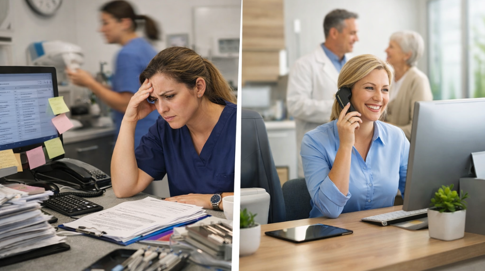 Split Image: Left showing a stressful dental work environment, and right image showing a thriving, bright office 