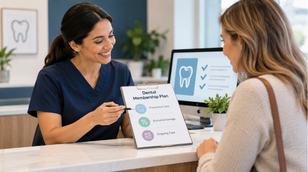 Dental team member explains a dental membership plan to a patient at the front desk.