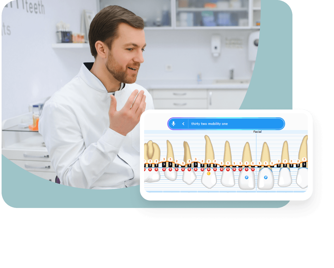 A dental provider conducting a solo perio exam, calling out probe depths chairside while Curve FLO Care Perio+ records readings in real time without an assistant
